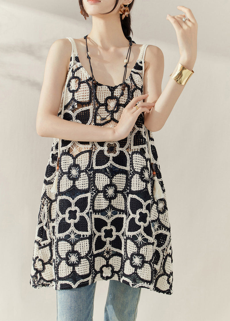 Style Black Embroidered Hollow Out Mid Spaghetti Strap Dress Summer