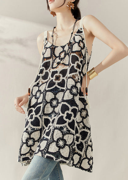 Style Black Embroidered Hollow Out Mid Spaghetti Strap Dress Summer