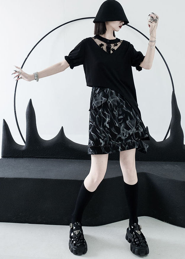 Style Black High Waist Hollow Out Print Cotton Denim a Line Skirts Summer