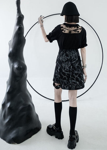Style Black High Waist Hollow Out Print Cotton Denim a Line Skirts Summer