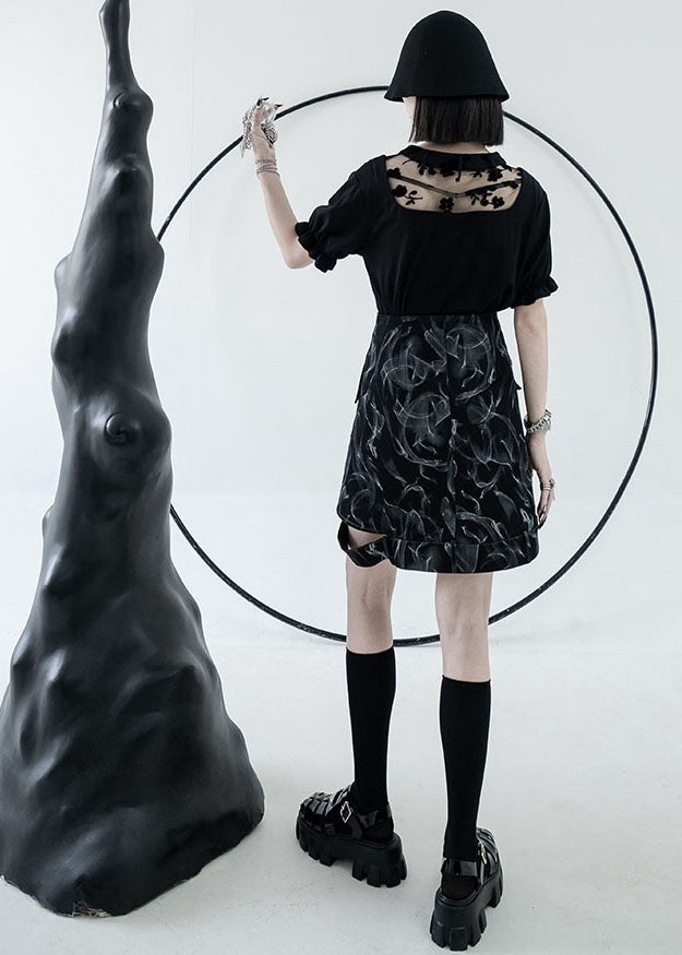 Style Black High Waist Hollow Out Print Cotton Denim a Line Skirts Summer
