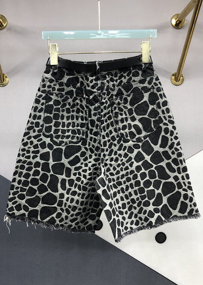 Style Black Jacquard Tasseled Pockets Patchwork Denim Crop Pants Summer