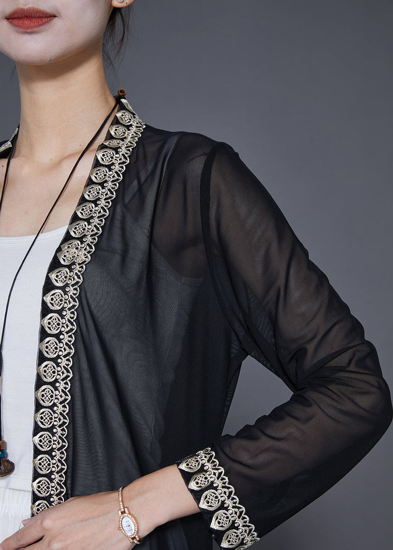 Style Black Lace Patchwork Chiffon Upf 50+ Cardigans Summer