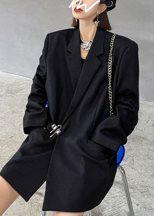Style Black Notched Pockets Loose Fall Long Sleeve Coat