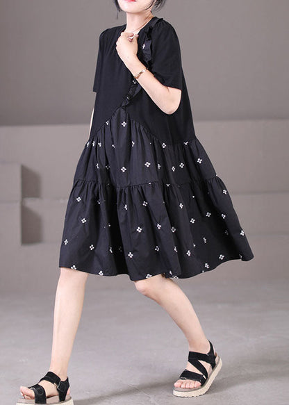 Style Black O-neck Embroideried Ruffled Patchwork Wrinkled Cotton a Line Dress Short Sleeve