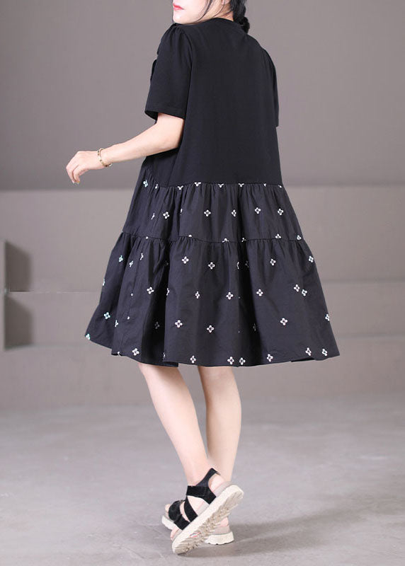 Style Black O-neck Embroideried Ruffled Patchwork Wrinkled Cotton a Line Dress Short Sleeve