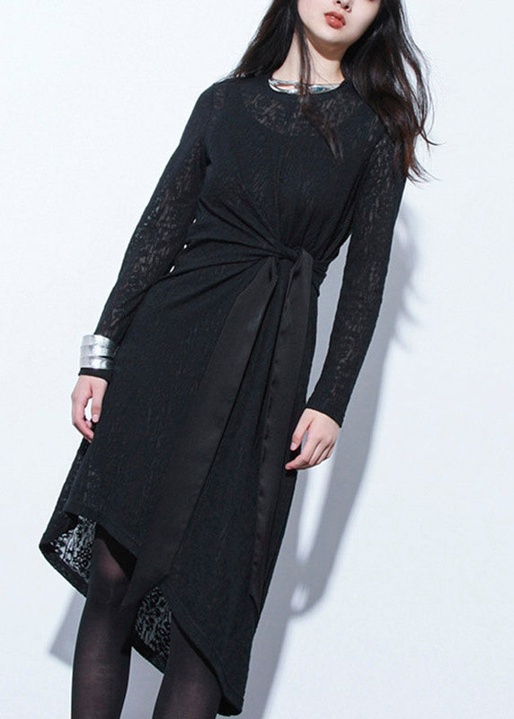 Style Black O-neck Hollow Out Low High Design Lace Long Dress Long Sleeve