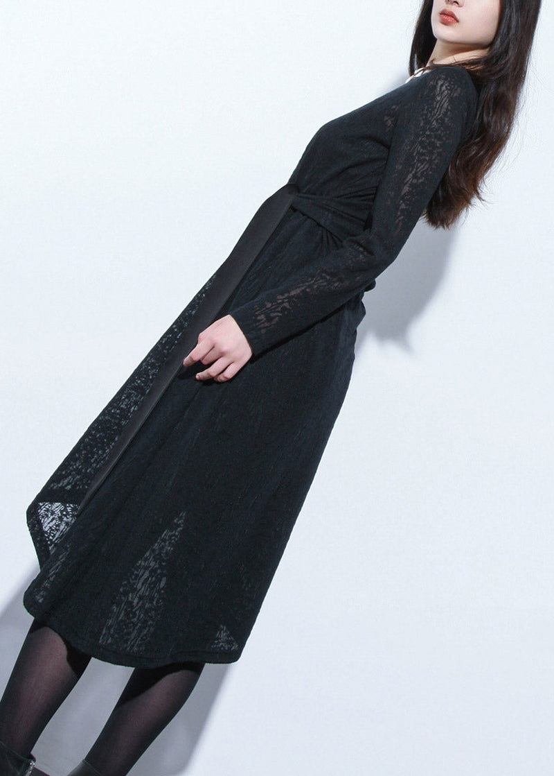 Style Black O-neck Hollow Out Low High Design Lace Long Dress Long Sleeve