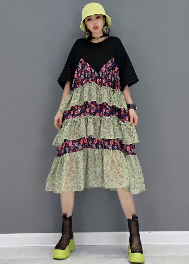 Style Black O-neck Layered Patchwork Ruffles Cotton Robe Dresses Short Sleeve