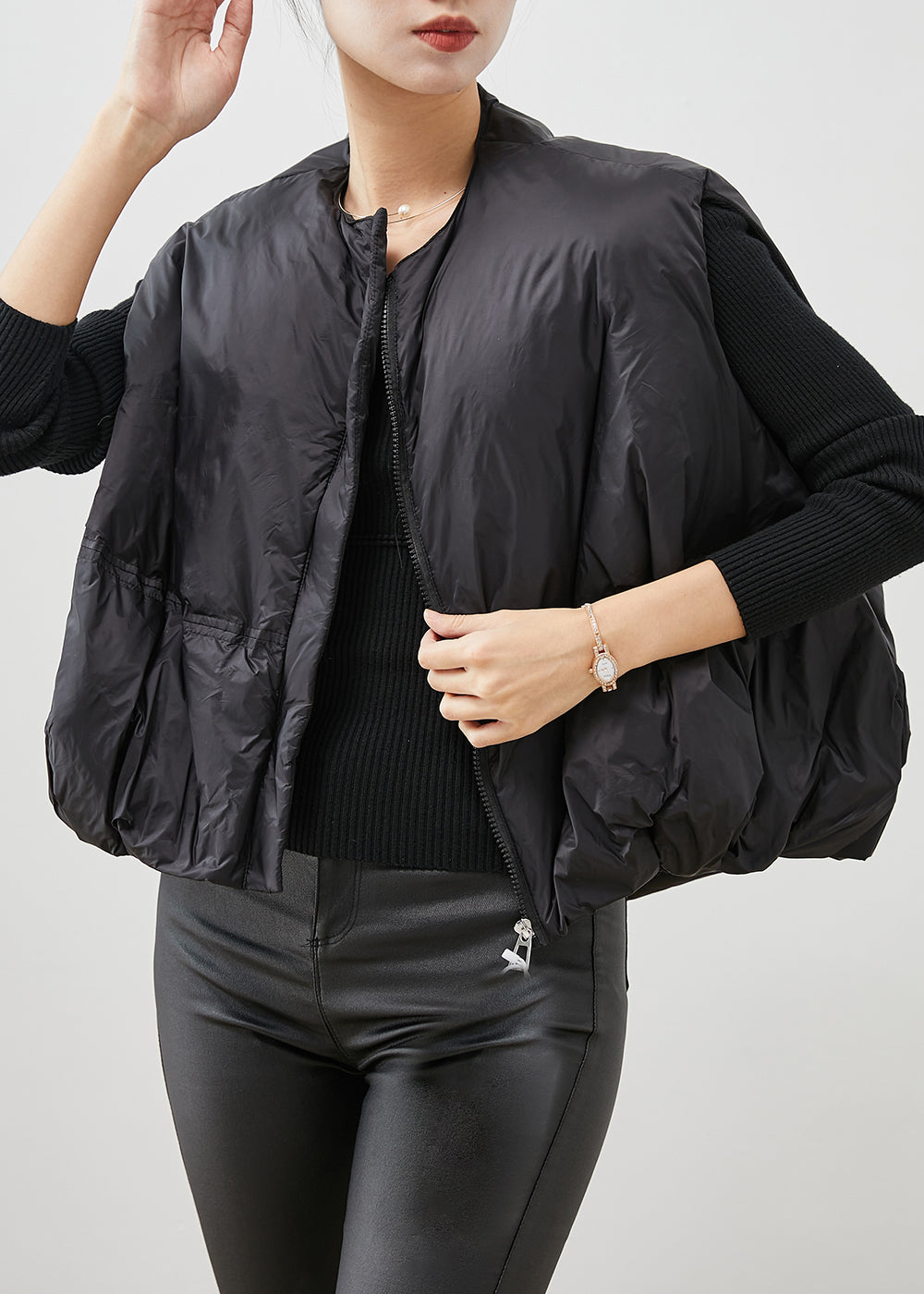 Style Black O-neck Oversized Fine Cotton Filled Vests Winter