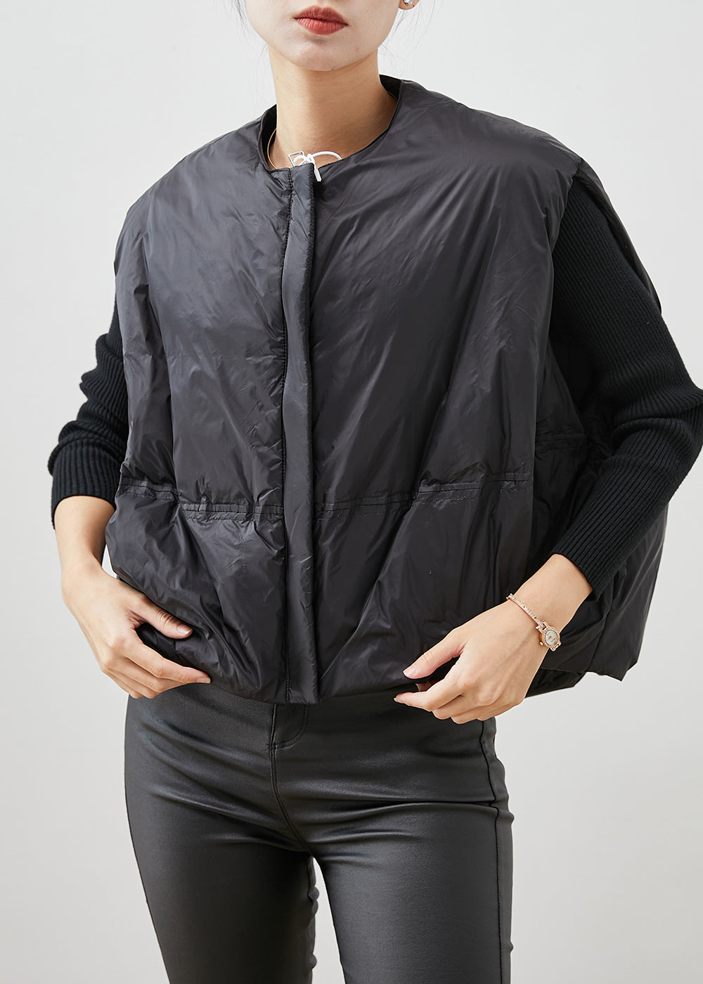 Style Black O-neck Oversized Fine Cotton Filled Vests Winter