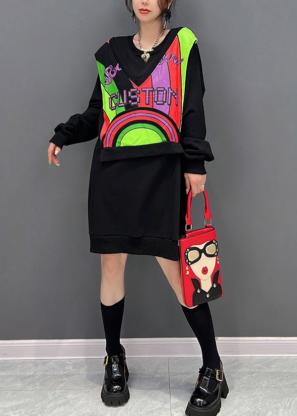 Style Black O-neck Patchwork Fake Two Pieces Cotton Mid Dresses Fall