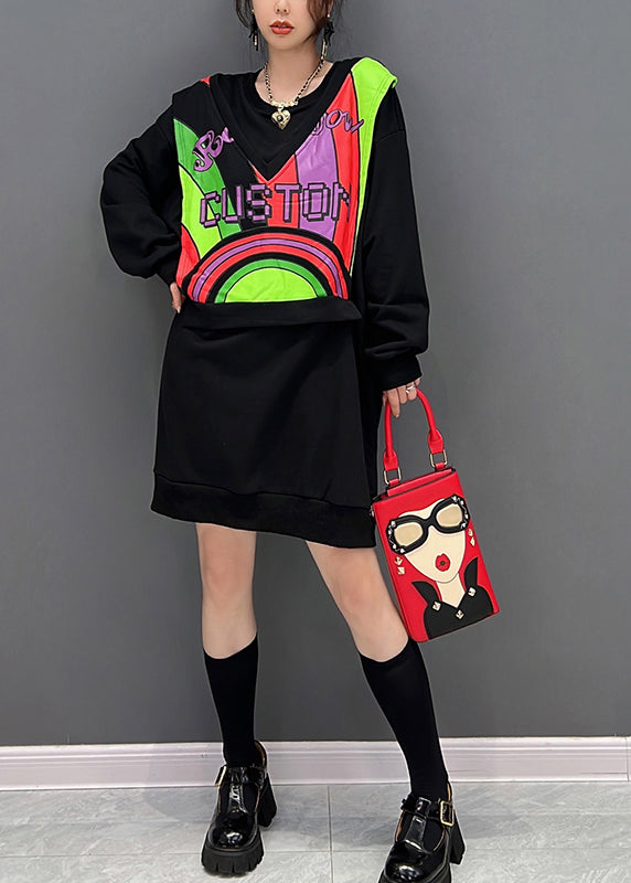 Style Black O-neck Patchwork Fake Two Pieces Cotton Mid Dresses Fall