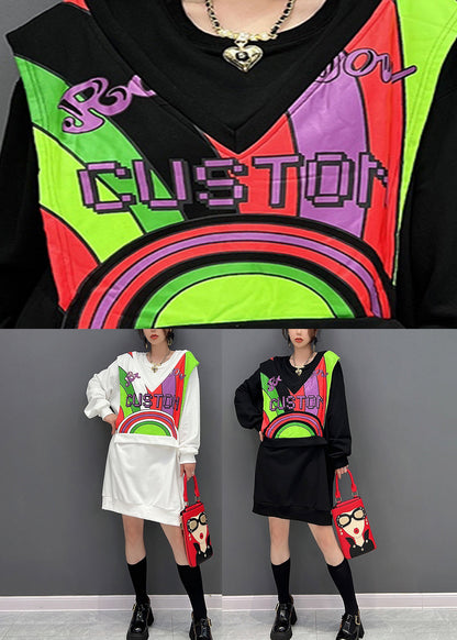 Style Black O-neck Patchwork Fake Two Pieces Cotton Mid Dresses Fall