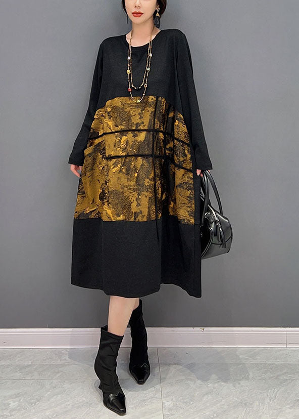 Style Black O-neck Patchwork Print Cotton Maxi Dress Spring