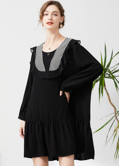 Style Black O-neck Patchwork Ruffles Chiffon Party Dress Spring
