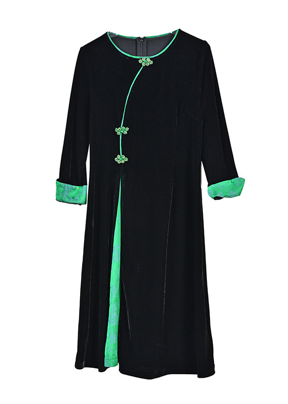 Style Black O-neck Print Patchwork Button Silk Velour Maxi Dresses Fall