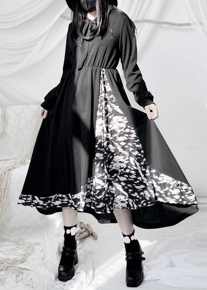 Style Black O-neck Print Patchwork High Waist Long Dresses Fall