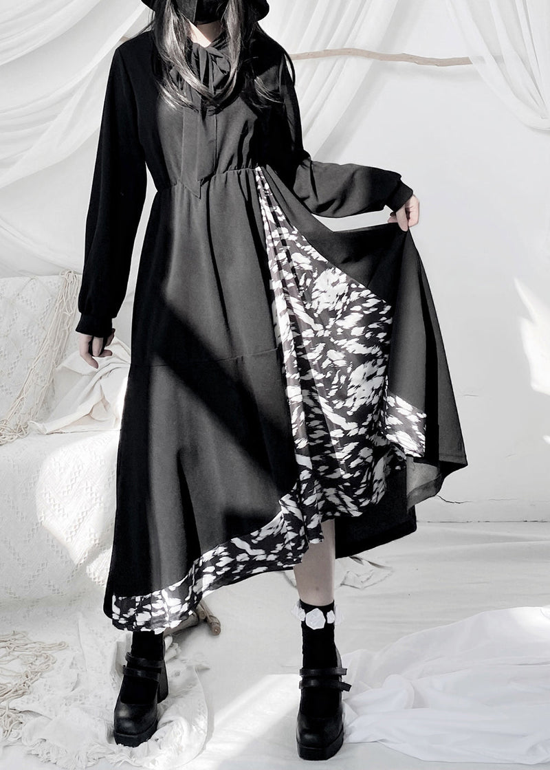 Style Black O-neck Print Patchwork High Waist Long Dresses Fall