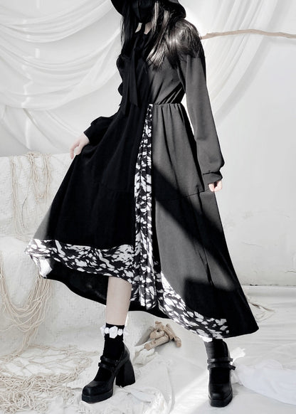 Style Black O-neck Print Patchwork High Waist Long Dresses Fall