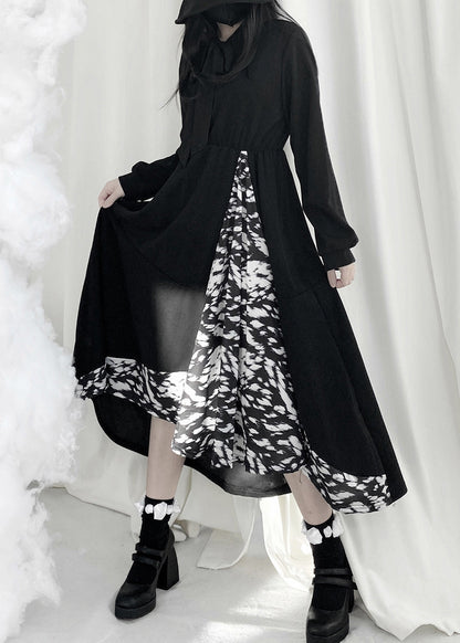 Style Black O-neck Print Patchwork High Waist Long Dresses Fall
