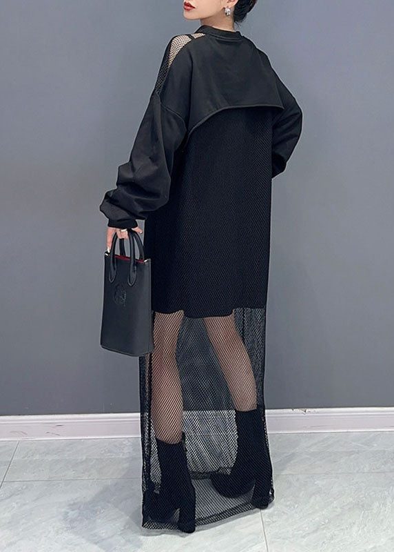 Style Black O-neck Print Tulle Patchwork Fake Two Pieces Long Dresses Fall