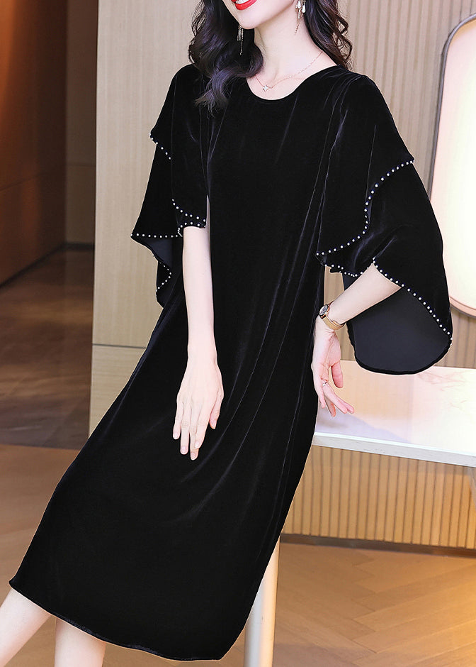 Style Black O-neck Ruffled Patchwork Silk Velour Dress Fall