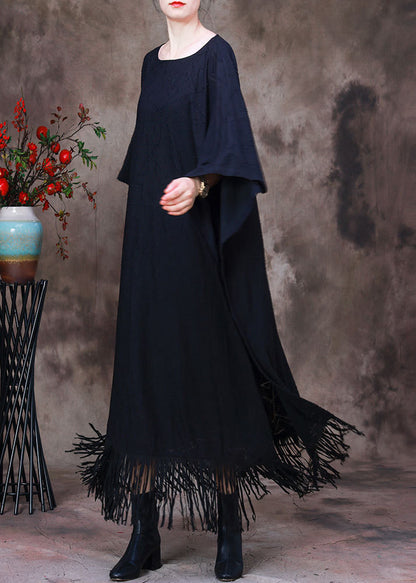 Style Black O-neck Tassel Maxi Dress Long Sleeve