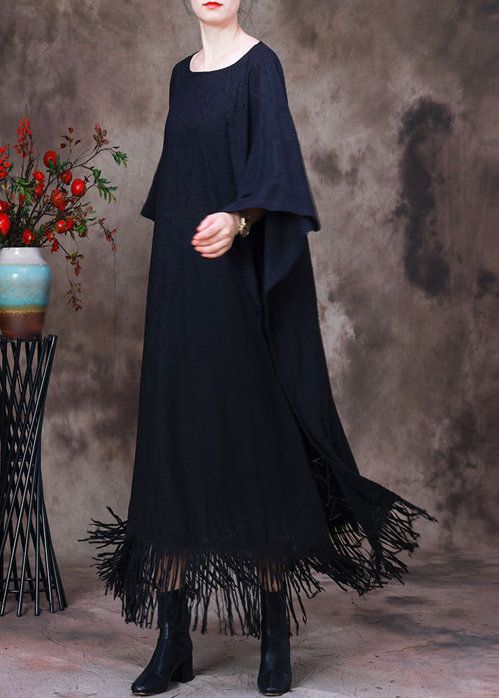 Style Black O-neck Tassel Maxi Dress Long Sleeve