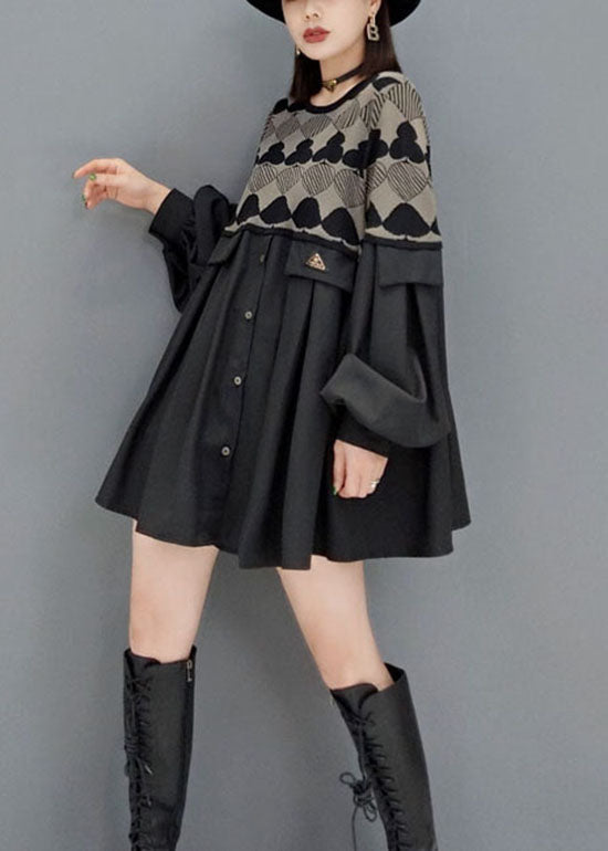Style Black O-neck Button Print Patchwork Knit Dresses Spring