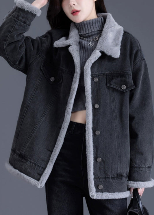 Style Black Oversized Pockets Warm Fleece Jackets Winter
