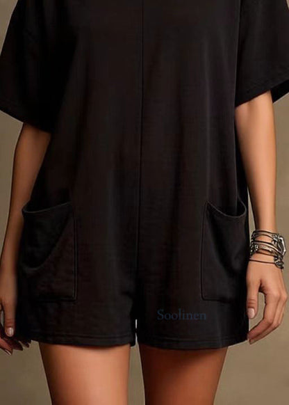 Style Black Oversized With Pockets Cotton Shorts Jumpsuits Summer