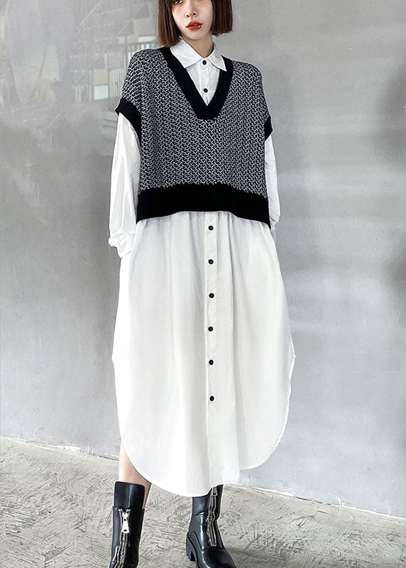 Style Black Patchwork White Button Loose Fall Dresses Long Sleeve