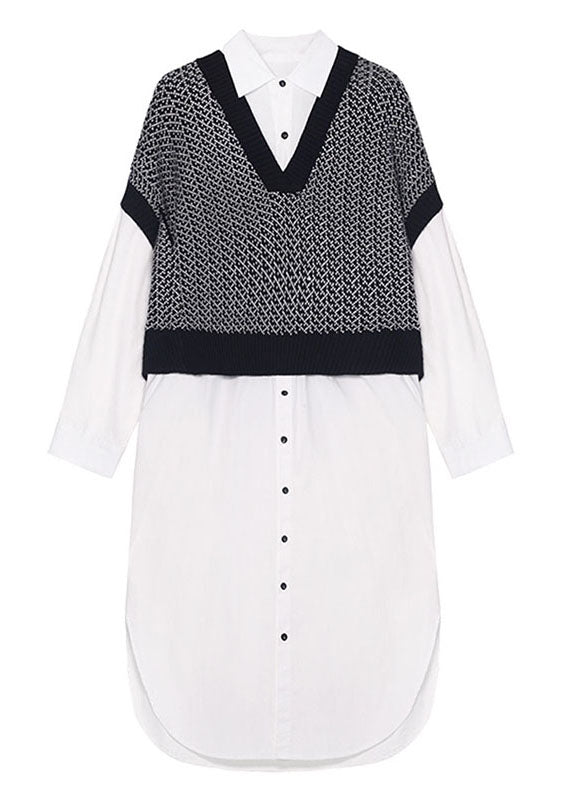 Style Black Patchwork White Button Loose Fall Dresses Long Sleeve