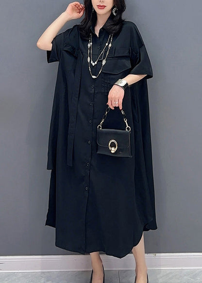 Style Black Peter Pan Collar Button Maxi Shirts Dress Summer