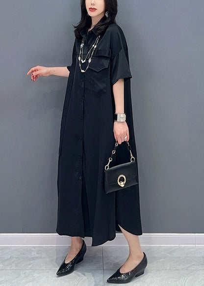 Style Black Peter Pan Collar Button Maxi Shirts Dress Summer
