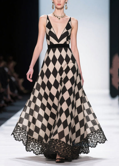 Style Black Plaid Patchwork Lace Chiffon Evening Dress Summer