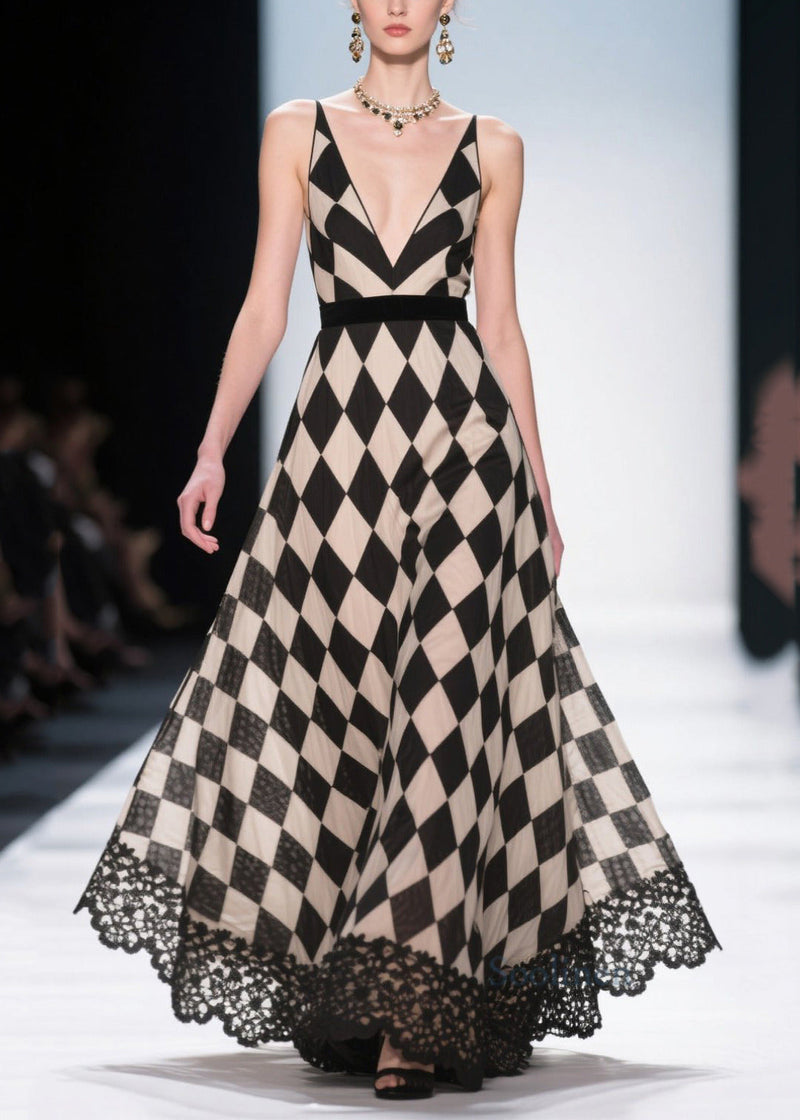 Style Black Plaid Patchwork Lace Chiffon Evening Dress Summer