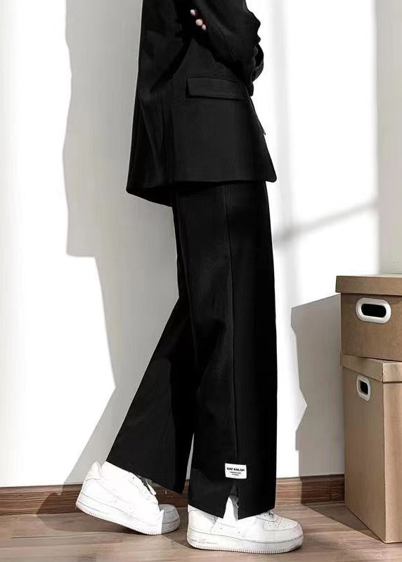 Style Black Pockets Elastic Waist Side Open Pants Summer