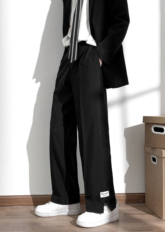 Style Black Pockets Elastic Waist Side Open Pants Summer
