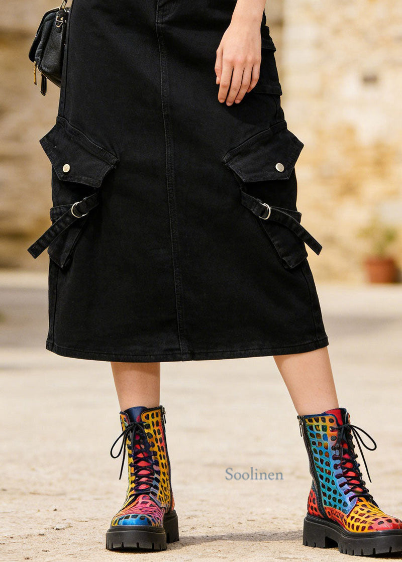 Style Black Pockets Patchwork Denim Skirts Spring