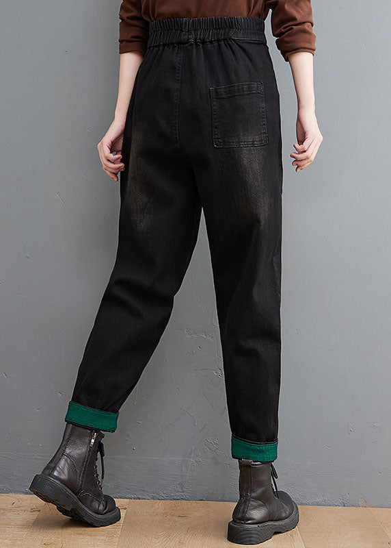Style Black Pockets Patchwork Denim Pants Spring