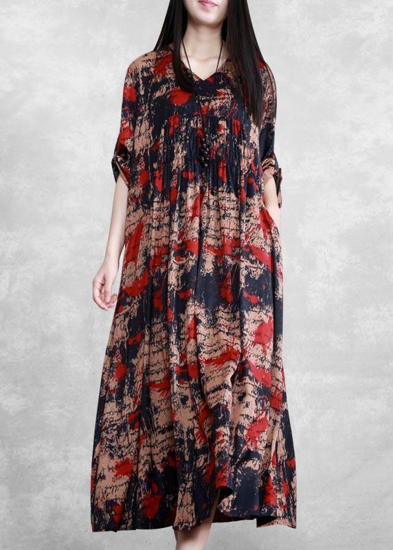 Style Black Print Tunics V Neck Large Hem Robe Spring Dresses