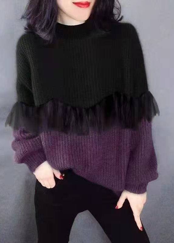Style Black Purple O-neck Patchwork Fall Knitted Sweaters