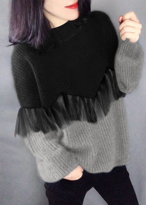 Style Black Purple O-neck Patchwork Fall Knitted Sweaters