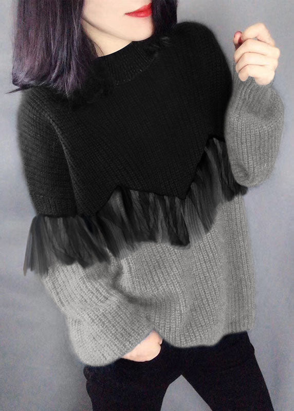 Style Black Purple O-neck Patchwork Fall Knitted Sweaters