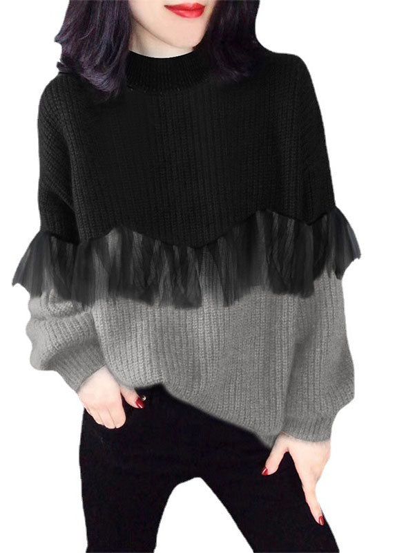 Style Black Purple O-neck Patchwork Fall Knitted Sweaters