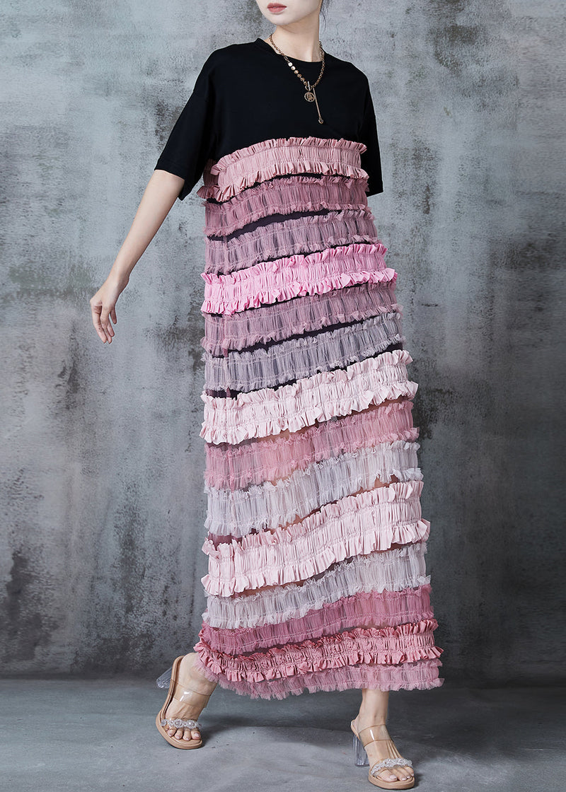 Style Black Ruffled Patchwork Cotton Ankle Dress Summer