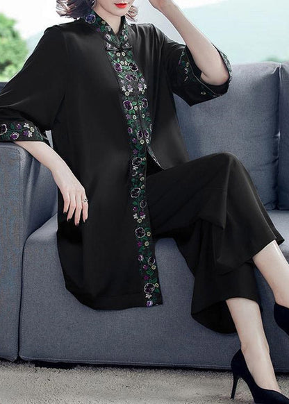 Style Black Stand Collar Print Top and Crop Pants Two Piece Set Summer