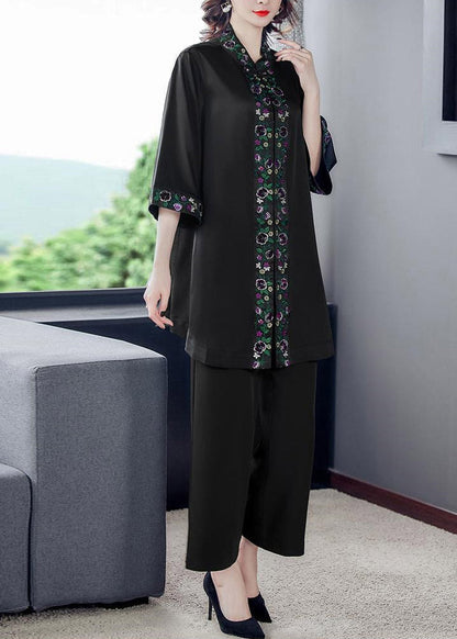 Style Black Stand Collar Print Top and Crop Pants Two Piece Set Summer